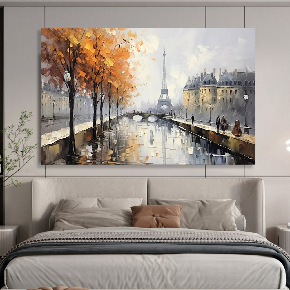 Paris Autumn Scene Abstract Painting with Orange, Grey, and White Tones THY171
