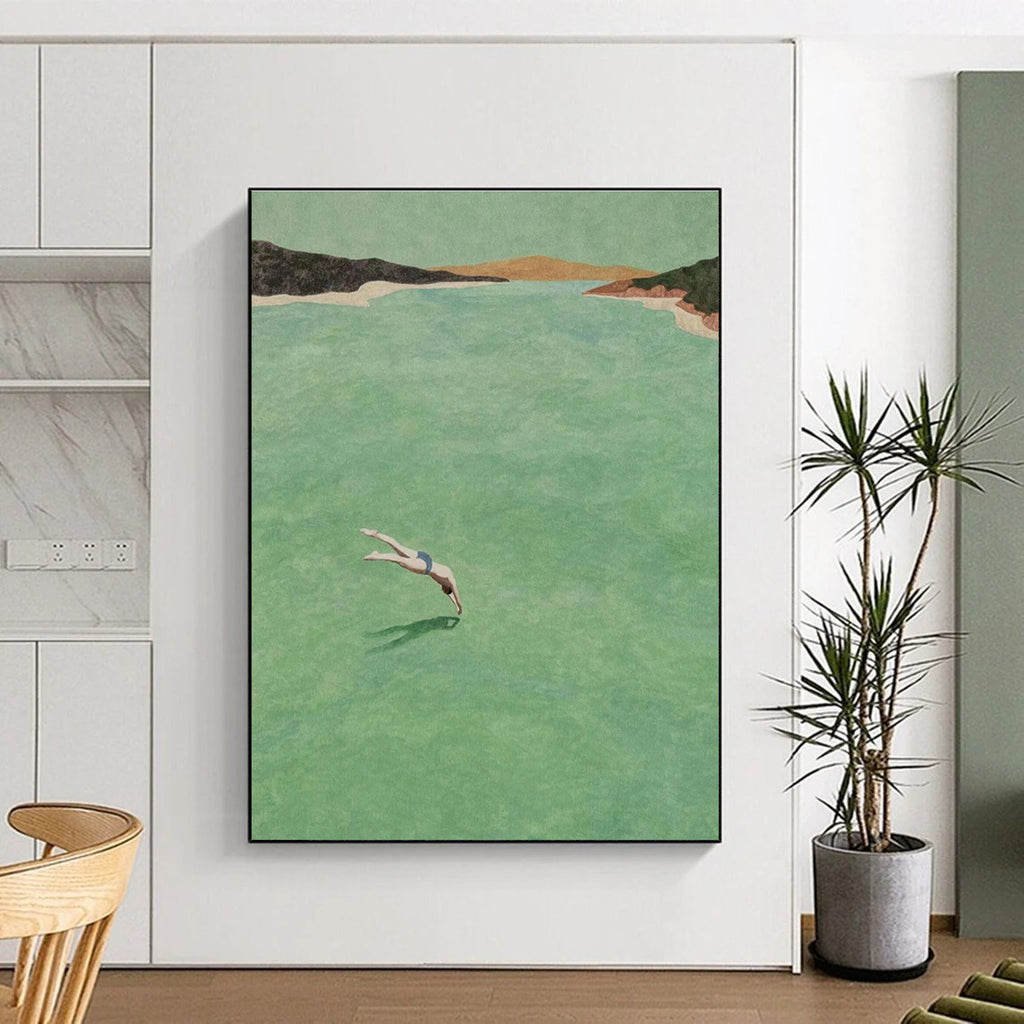 Figure Diving into Green Water Abstract Painting ADGE304