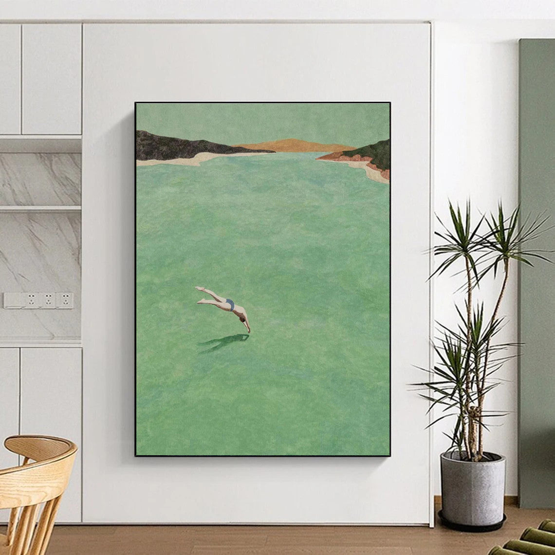 Figure Diving into Green Water Abstract Painting ADGE304