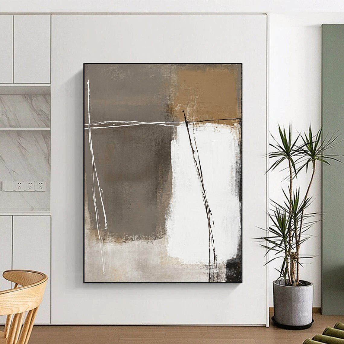 Large abstract painting in white and beige with brown accents on a dark gray background featuring thick brush strokes and hand-drawn lines.STSC564