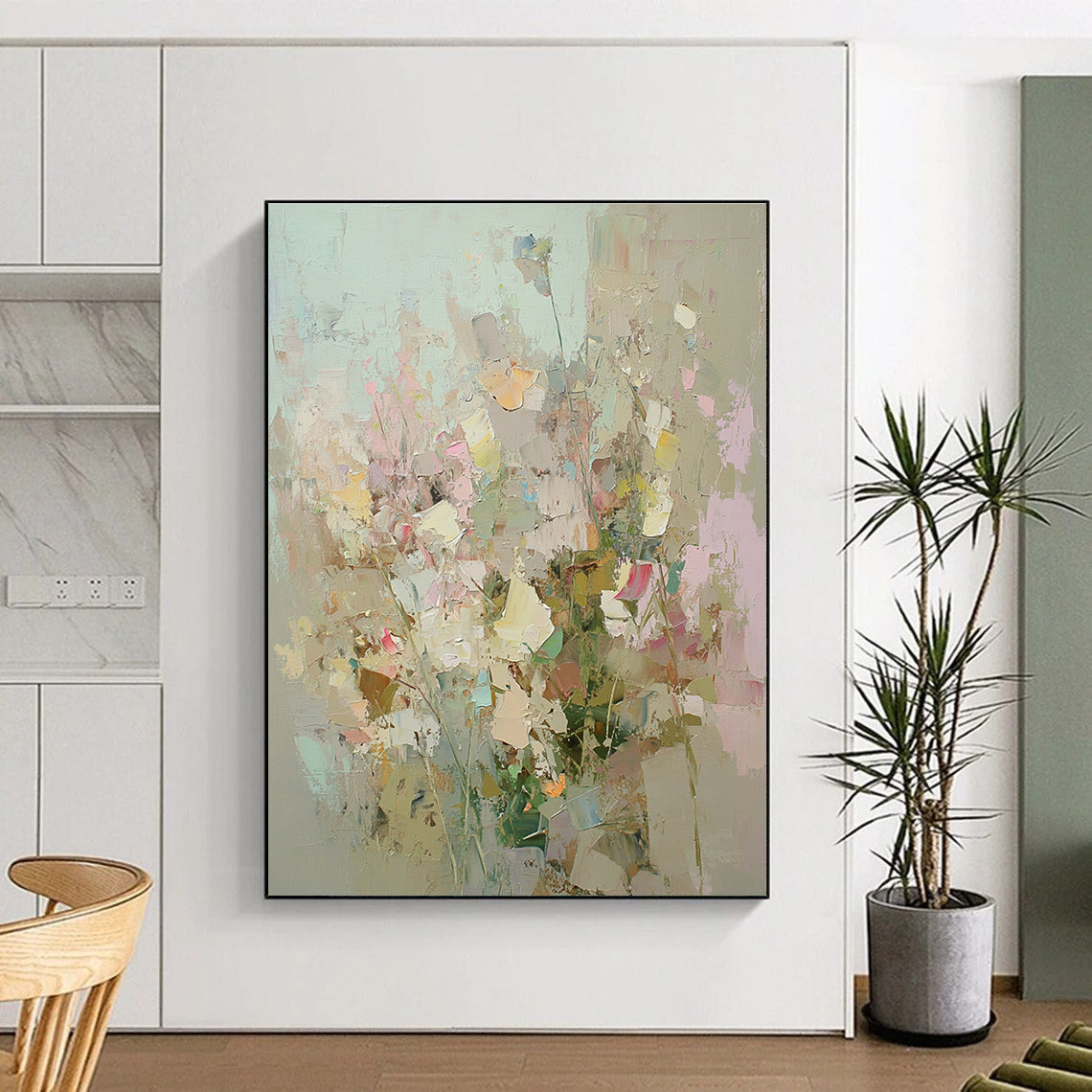 Large abstract painting of an overgrown garden with soft pastel colors and thick brushstrokes inspired by Peter Wileman and Cecily Brown.STSC588