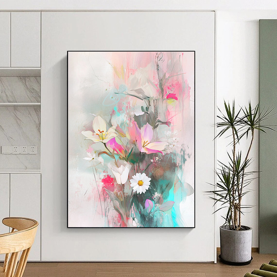 A large abstract painting featuring ethereal floral arrangements in soft pastels with a delicate bird figurine symbolizing harmony in nature.STSC857