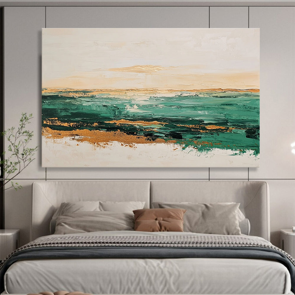 Green and Gold Coastal Abstract Painting with Textured Seascape DYP240
