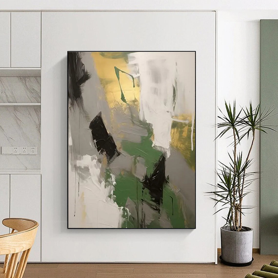 Green, Gray, and Gold Abstract Painting with Dynamic Brushstrokes ADGE115