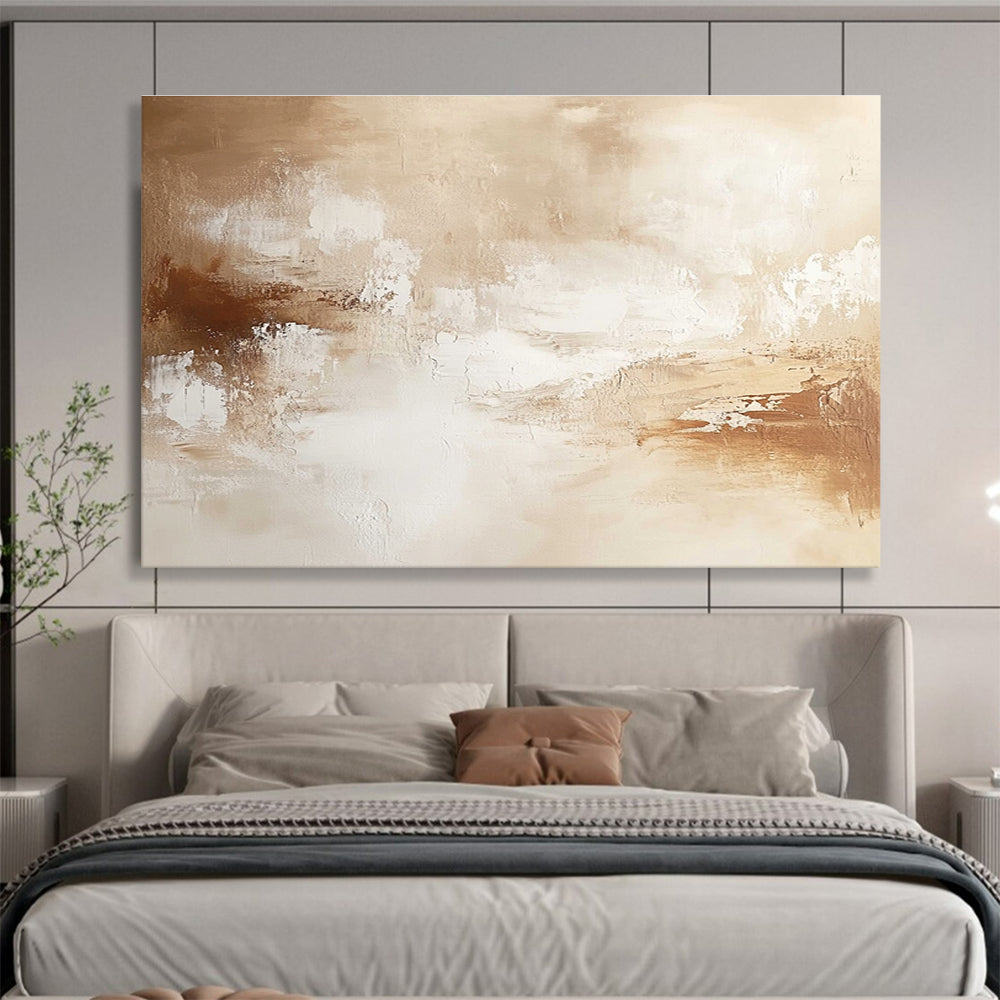 Large abstract painting with warm neutral tones soft brushstrokes and subtle textures creating a calming and sophisticated atmosphere.SC010