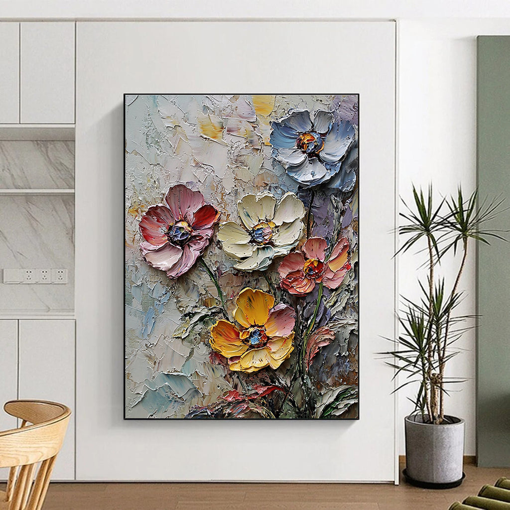 Large abstract painting of wildflowers in thick impasto texture and muted colors with densely clustered blossoms and rich background detail.STSC1302