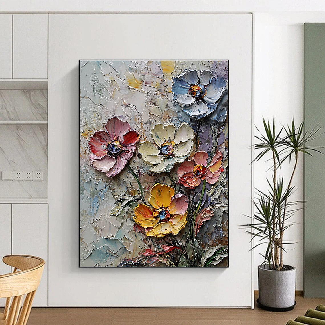 Large abstract painting of wildflowers in thick impasto texture and muted colors with densely clustered blossoms and rich background detail.STSC1302