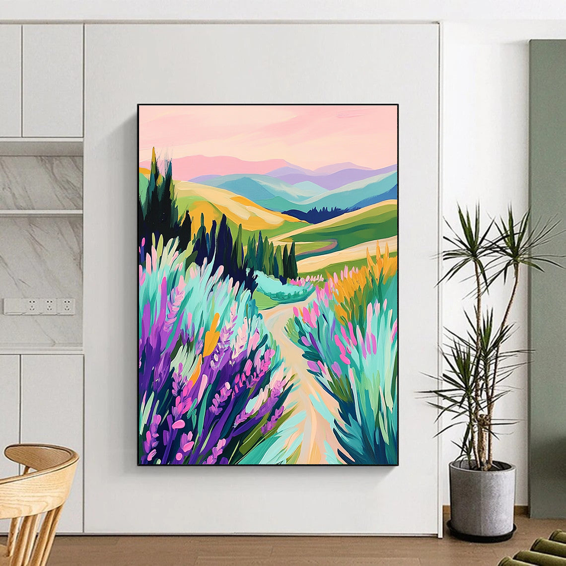 A large abstract painting featuring vibrant rolling hills lavender fields and a pastel sky with playful brushstrokes that create a serene lively atmosphere.STSC1224