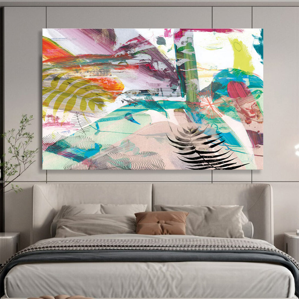 Vibrant Mixed - Media Abstract Painting with Colorful Patterns and Ferns THY118