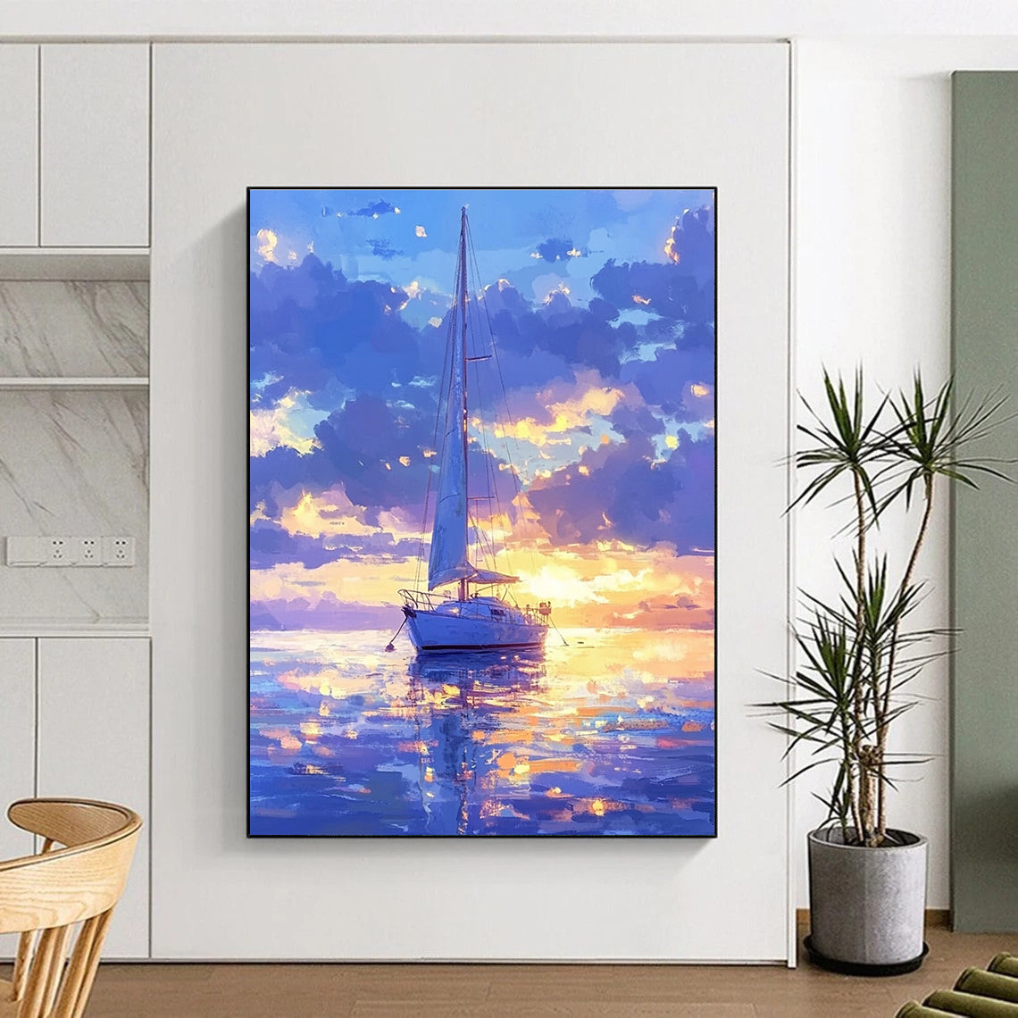 A large abstract painting featuring a sailboat on a dreamy sea under a soft blue sky with glowing water reflections and ethereal colors.STSC1170