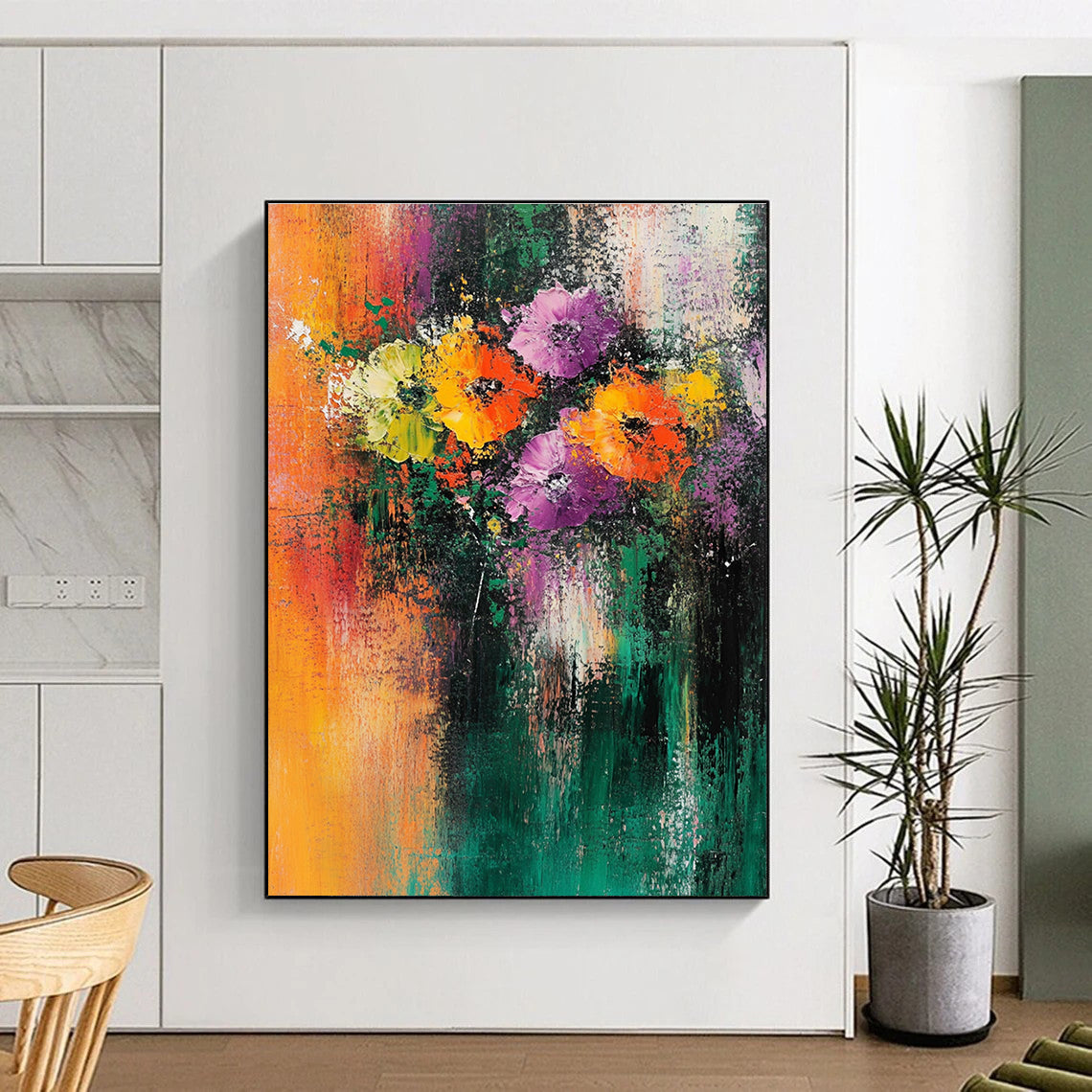 Large abstract painting featuring flowers with vibrant orange green yellow purple and teal colors textured background and emotional brush strokes.STSC307