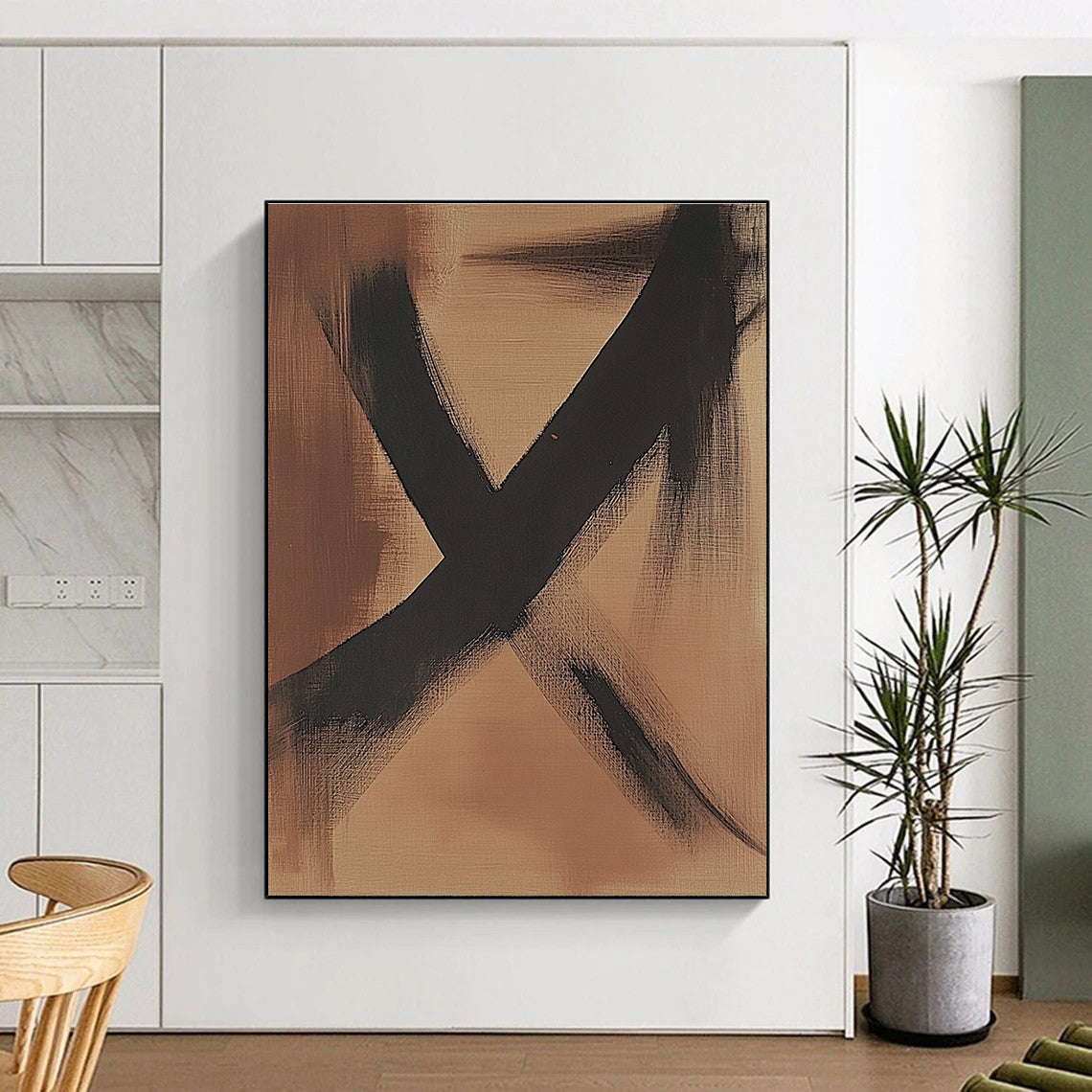 Brown and Black Abstract Painting with Minimalist Lines GER592