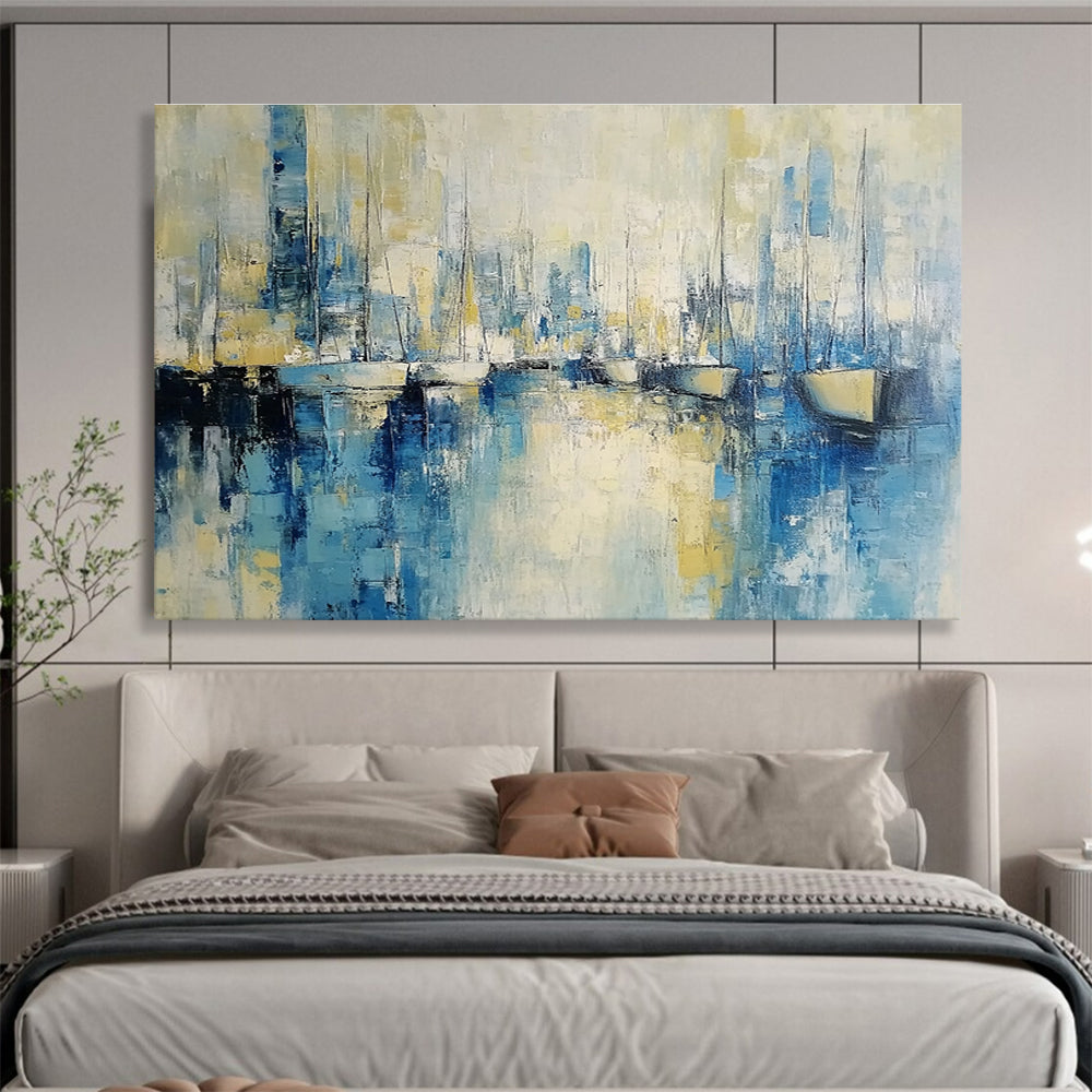 Abstract Harbor Scene Painting with Blue and Yellow Tones DYP513