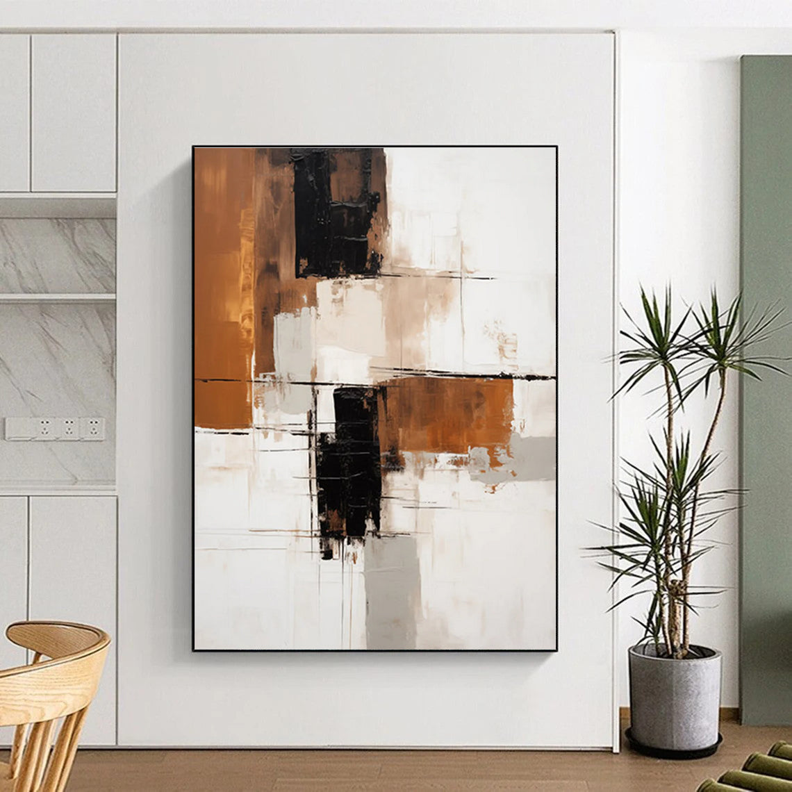 Earth - Toned Geometric Abstract Painting with Brown, Black, and Beige ADGE129