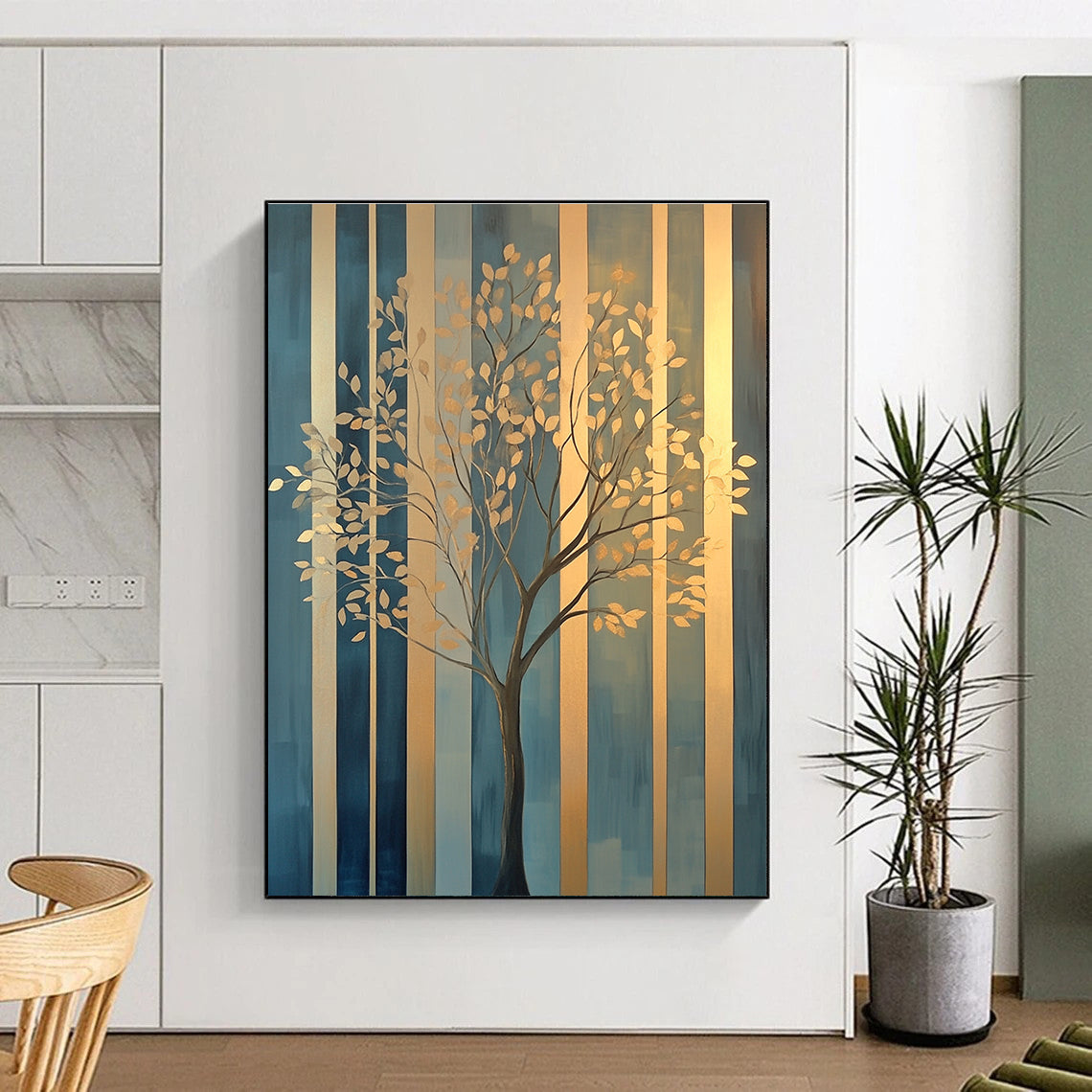 Large abstract painting featuring elegant gold tree branches against geometric blue green patterns with soft edges and a warm glow on canvas.STSC1117