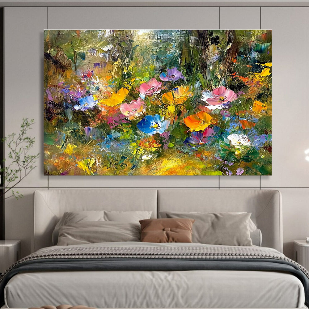An abstract painting featuring vibrant wildflowers in a forest with expressive colors and blurred background, highlighted by golden foliage and trees.SC401