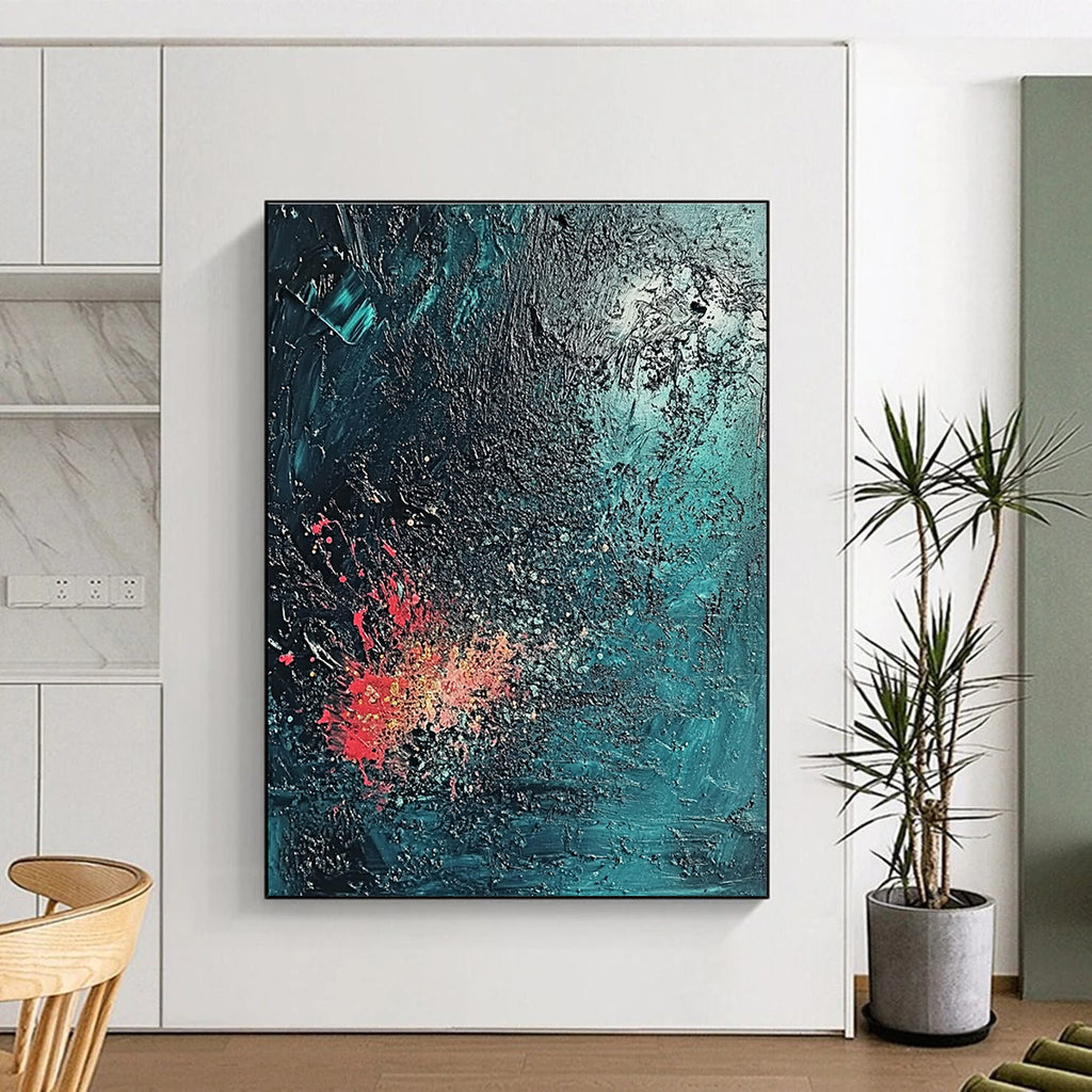 Large Abstract Painting with a Textured Surface in Dark Blue and Emerald Green evoking a Mysterious Deep Sea Atmosphere with Coral Reef Hints.STSC734