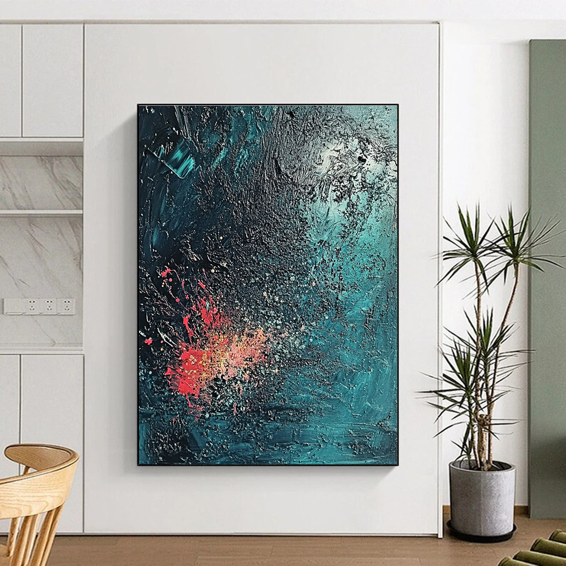 Large Abstract Painting with a Textured Surface in Dark Blue and Emerald Green evoking a Mysterious Deep Sea Atmosphere with Coral Reef Hints.STSC734