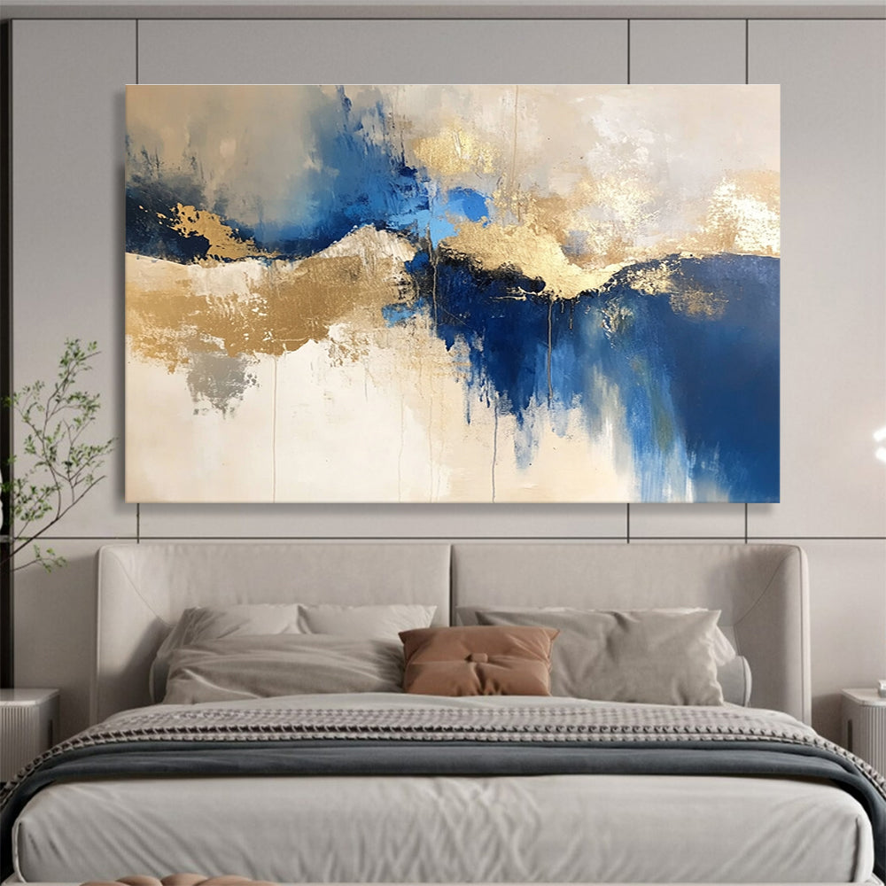 Large abstract blue and gold painting on a white background with elegant beige tones, ideal for modern decor and artistic spaces.SC022