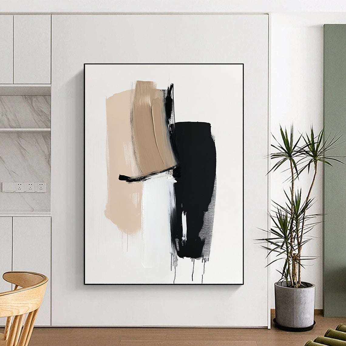 Beige Black and White Abstract Painting with Minimalist Shapes GER632
