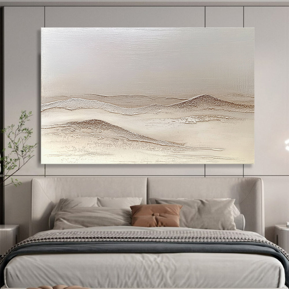 Large abstract painting depicting textured sand dunes in neutral tones with artistic desert hills creating depth and a calming atmosphere.SC622