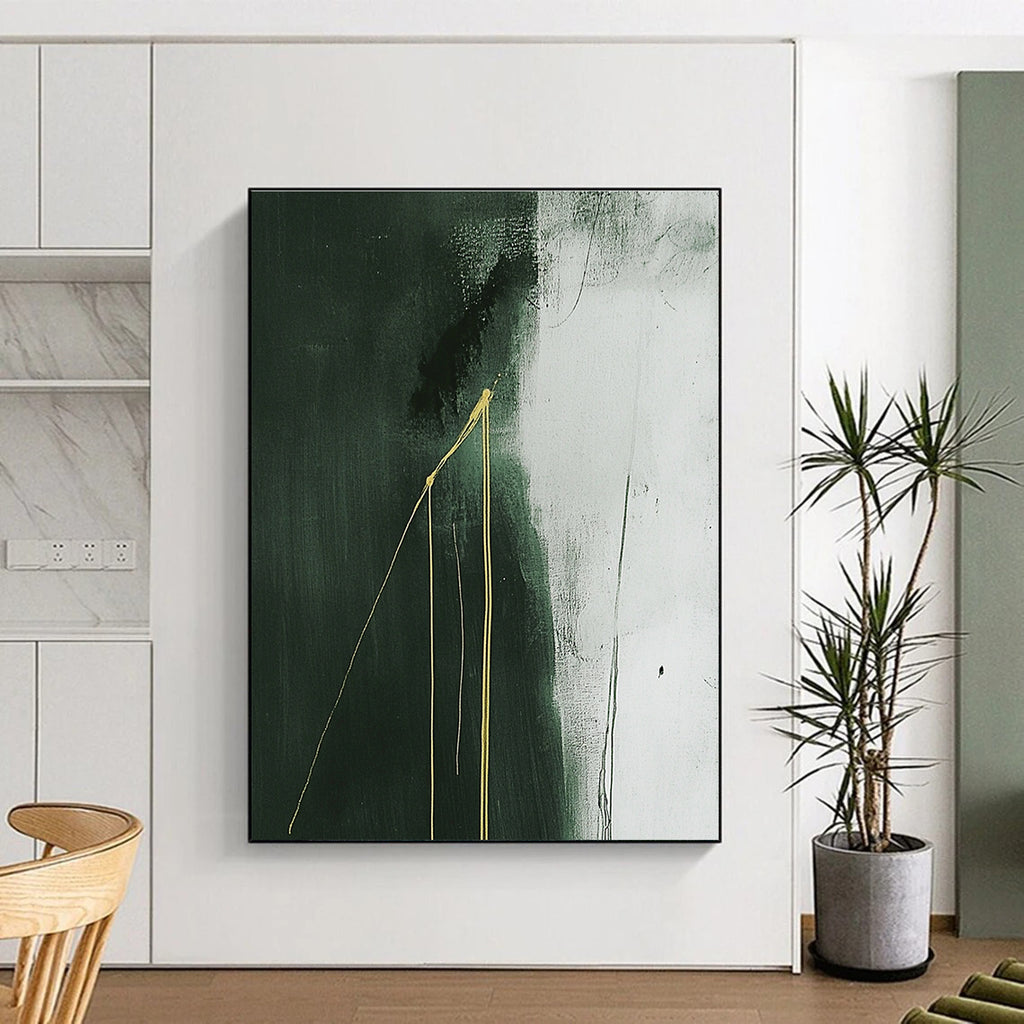 Large abstract painting with dark gray background featuring white and green hues and two growing yellow lines creating a minimalist composition.STSC1241