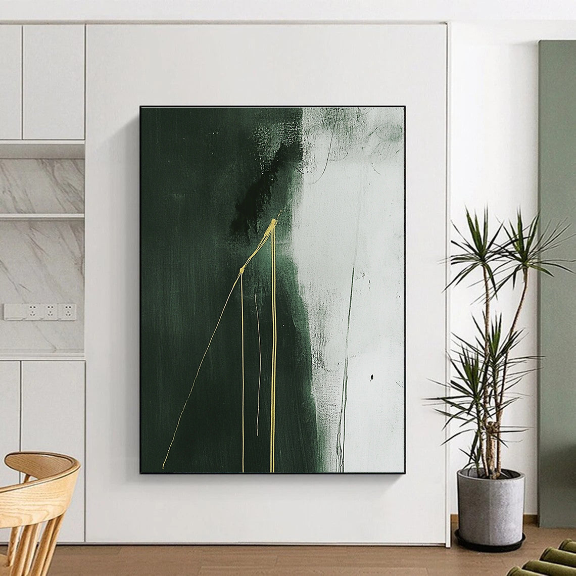 Large abstract painting with dark gray background featuring white and green hues and two growing yellow lines creating a minimalist composition.STSC1241