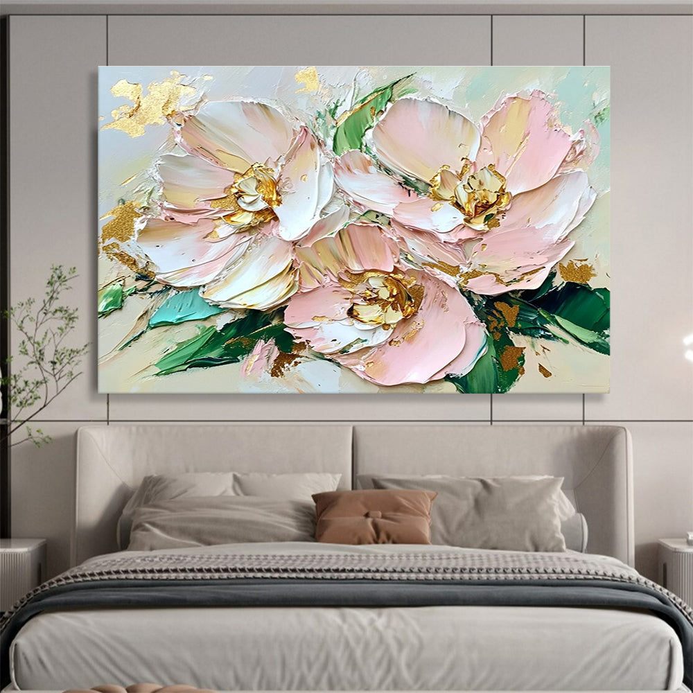 Textured Pink Flowers Abstract Painting with Gold Accents DYP282