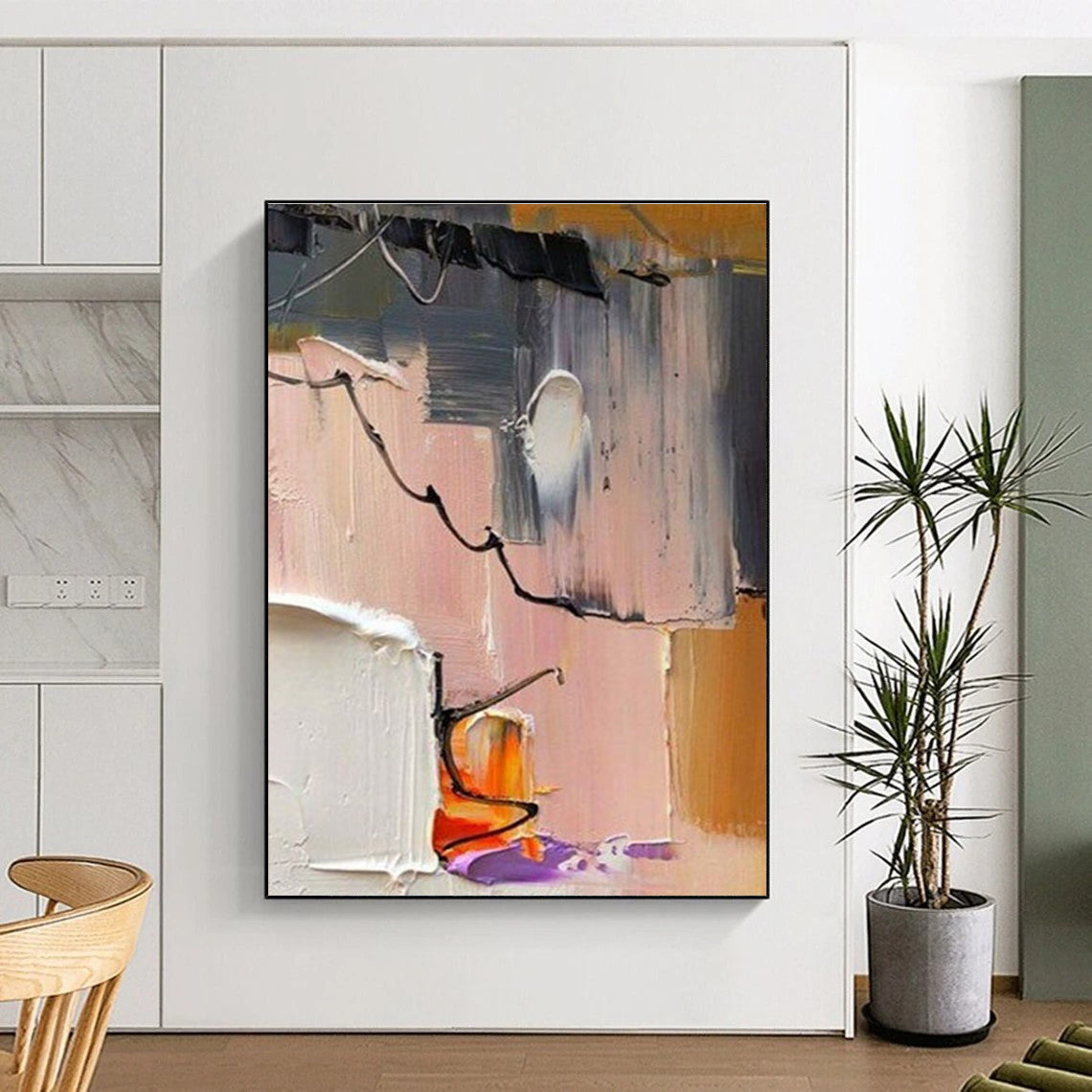 Abstract Painting with Gray Pink and Black Lines ADGE270