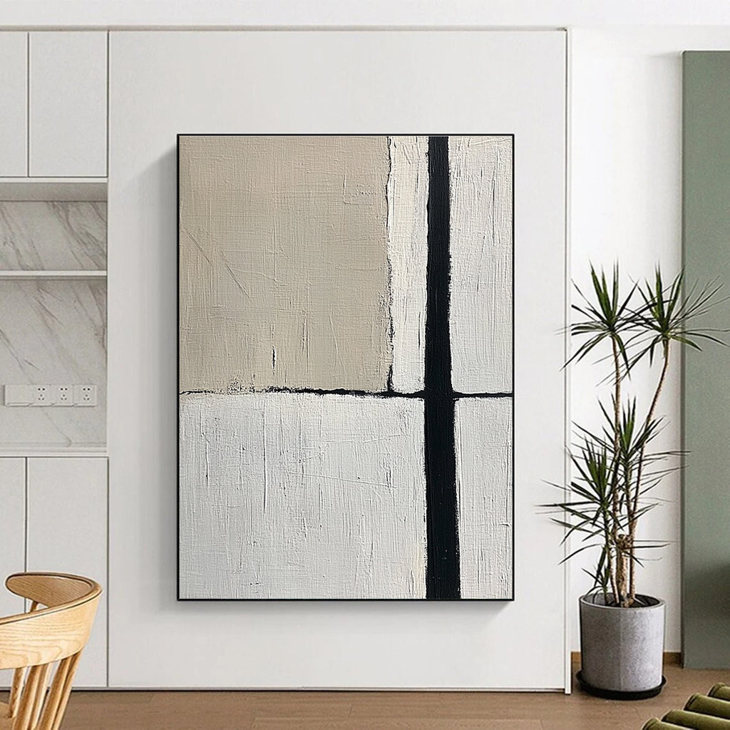 Large abstract painting featuring a minimalistic design with an empty space and a single black vertical line in beige and gray tones.STSC260