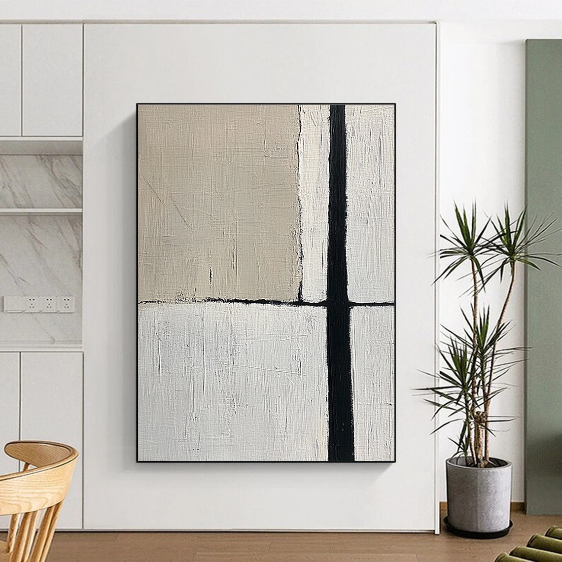Large abstract painting featuring a minimalistic design with an empty space and a single black vertical line in beige and gray tones.STSC260