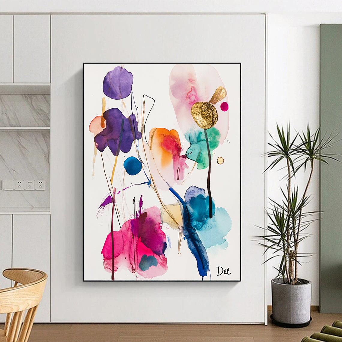 Large abstract watercolor and ink painting featuring colorful shapes and gold foil accents on a white background inspired by the style of artist Dee.STSC839
