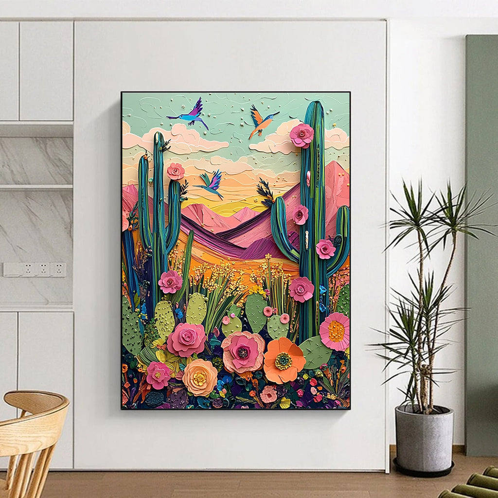 Large abstract artwork featuring a vibrant desert landscape with cacti mountains birds and blooming flowers in colorful pastels and intricate textures.STSC1426