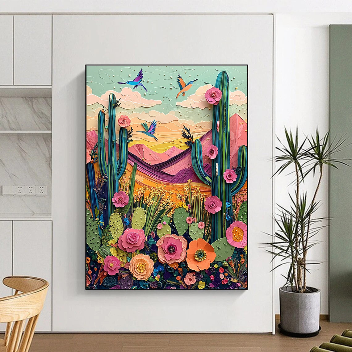 Large abstract artwork featuring a vibrant desert landscape with cacti mountains birds and blooming flowers in colorful pastels and intricate textures.STSC1426