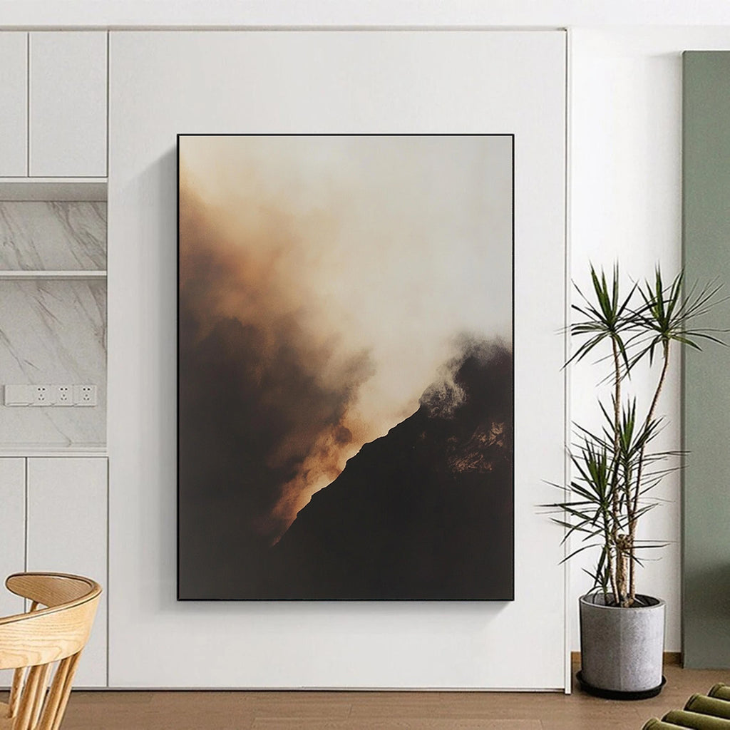 Large abstract painting of smoke rising in a misty atmosphere with a black mountain and golden glow capturing muted tones and hyperrealistic details.STSC698