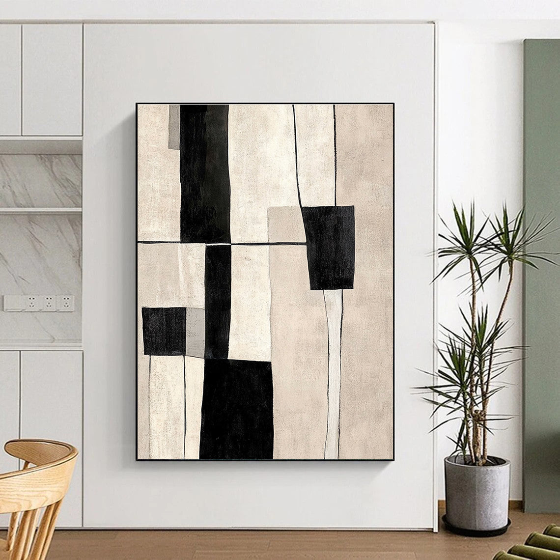 Black White Geometric Blocks Abstract Painting GER862
