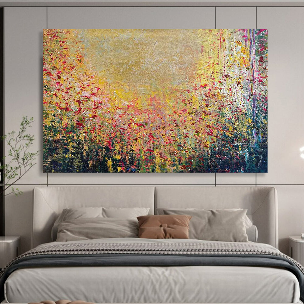 Golden Field Abstract Painting with Vibrant Floral Hues THY325