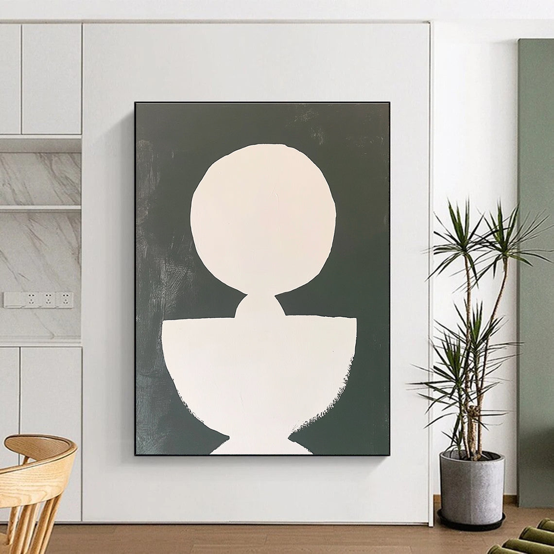 Large abstract painting featuring a white circle and an irregular shape connected by lines on a minimalist background with simple brushstrokes.STSC1250
