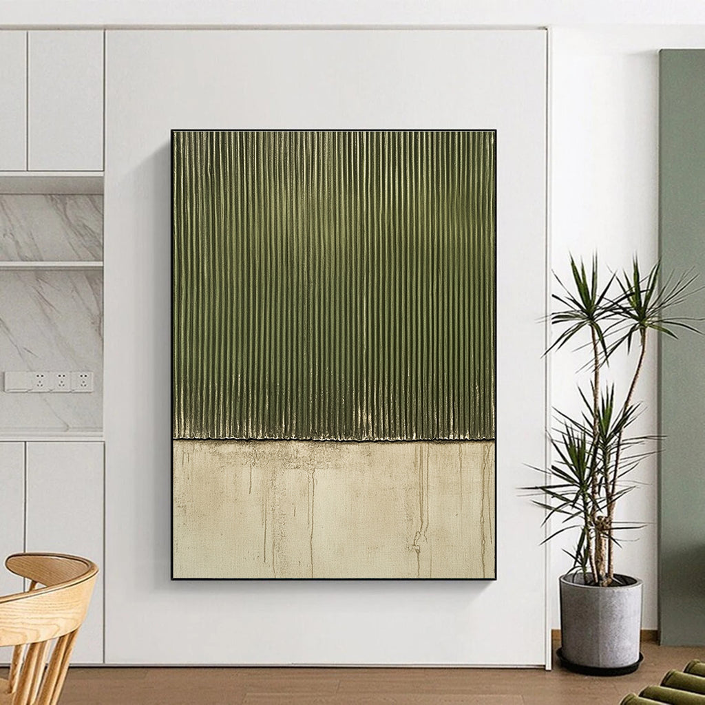 Large abstract painting featuring a textured green corrugated surface on a dark gray background with a grainy oil painting effect.STSC958