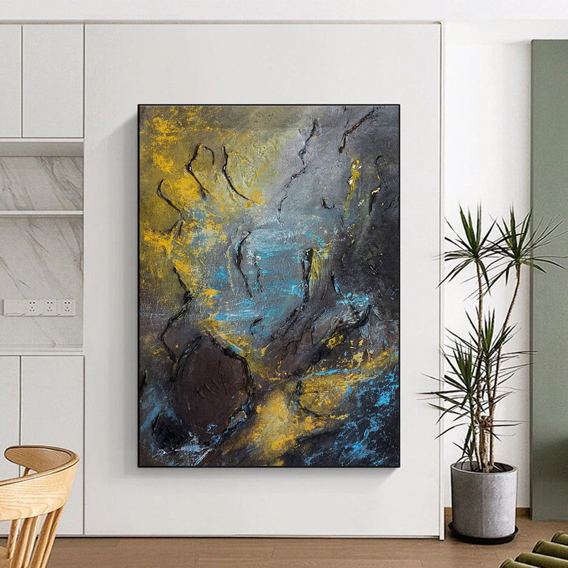 Dark Textured Abstract Painting with Yellow - Blue Accents ADGE471