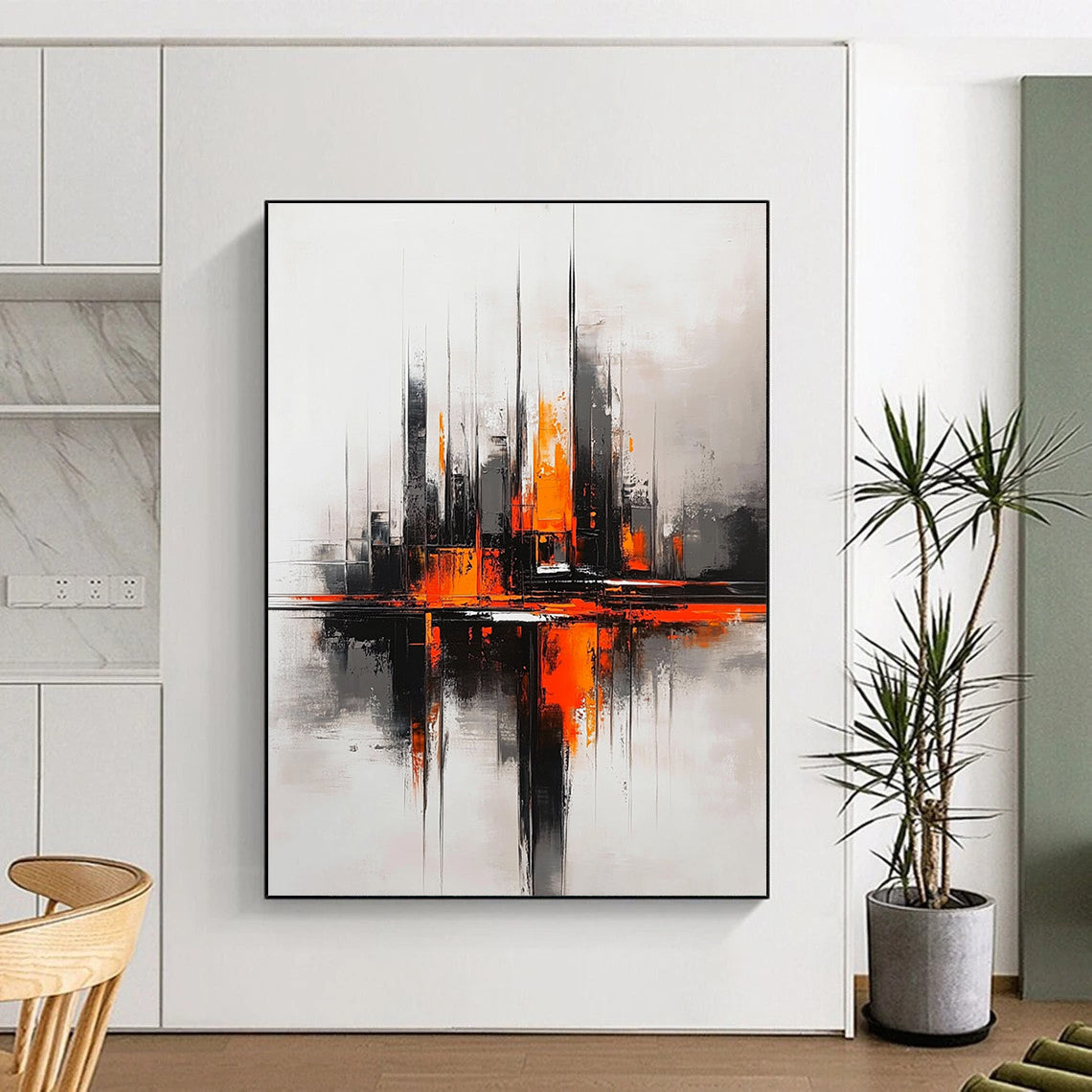 Abstract painting of a futuristic cityscape in grey and orange tones inspired by Richard Anderson's style.STSC285