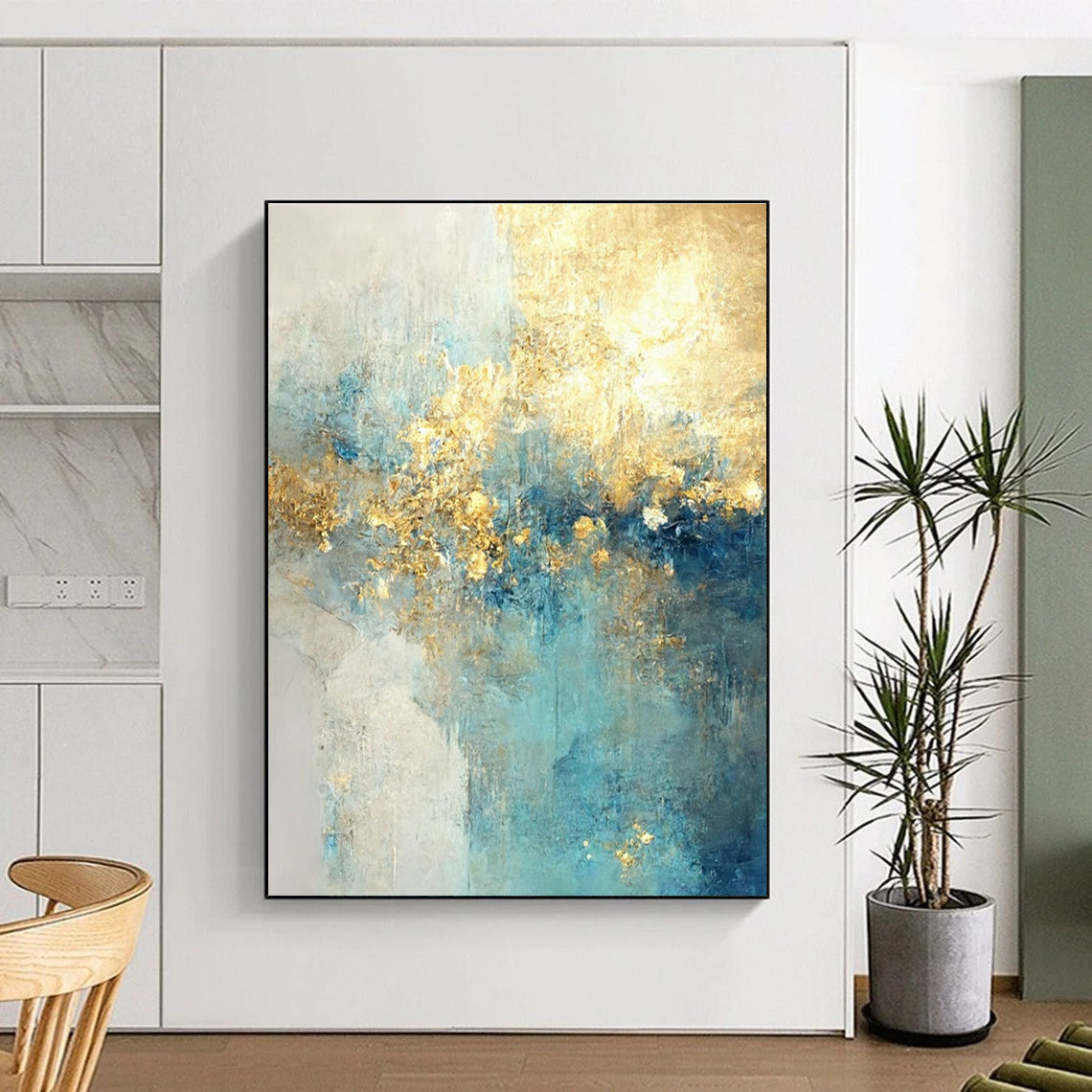 Light Blue and Gold Abstract Painting with Ethereal Textures ADGE077