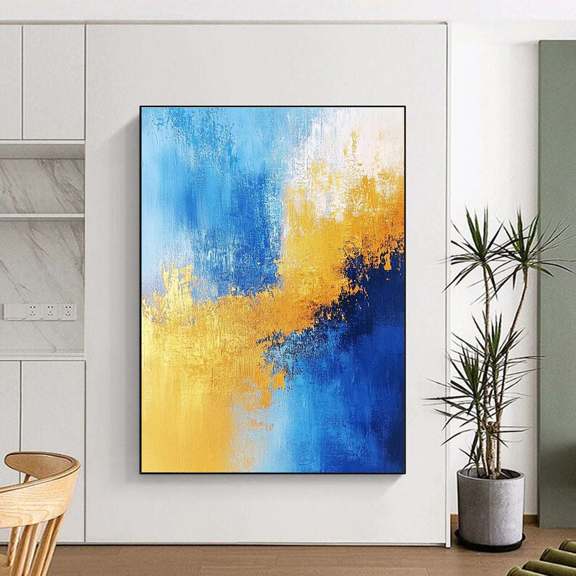 Vibrant Blue and Gold Abstract Painting with Energetic Splashes GER379