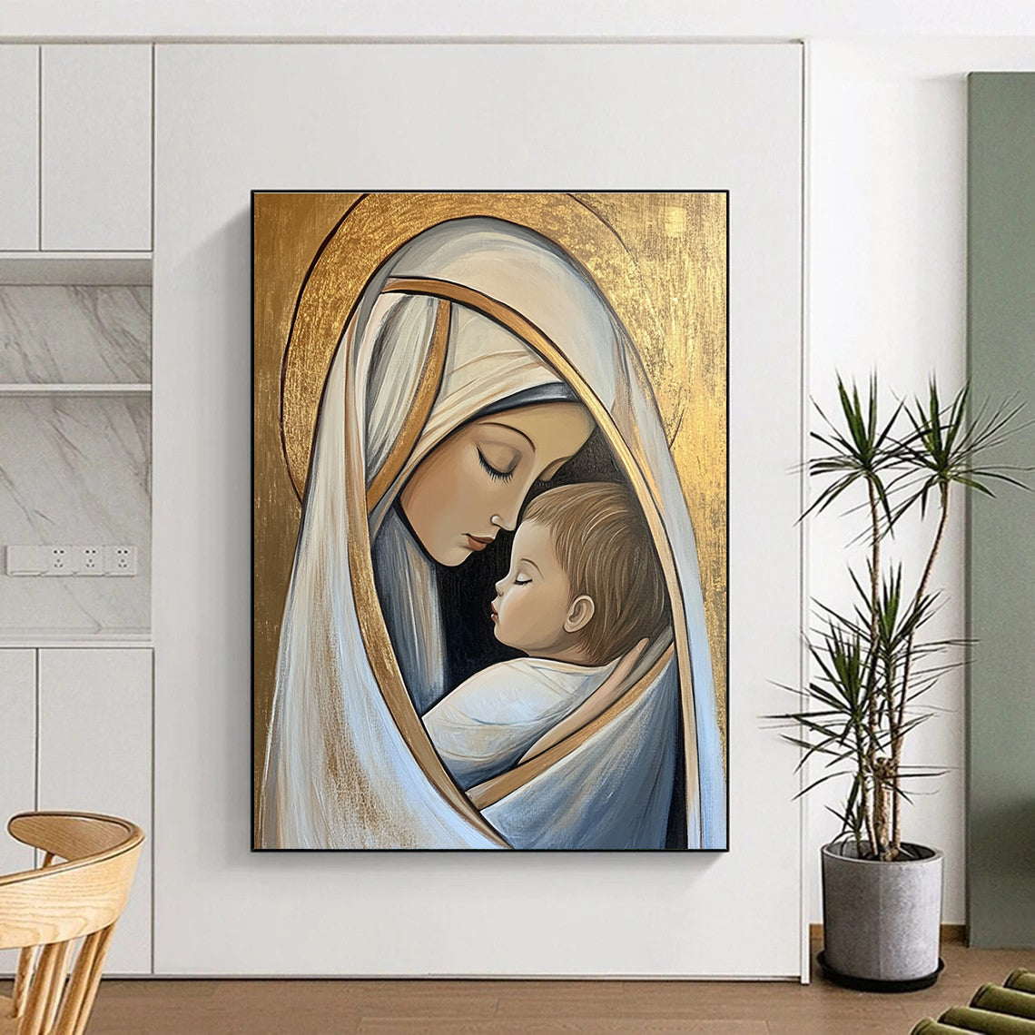 Large abstract artwork of Mary and Jesus in pastel tones on a gold leaf background conveying deep emotional connection and serene beauty.STSC1434