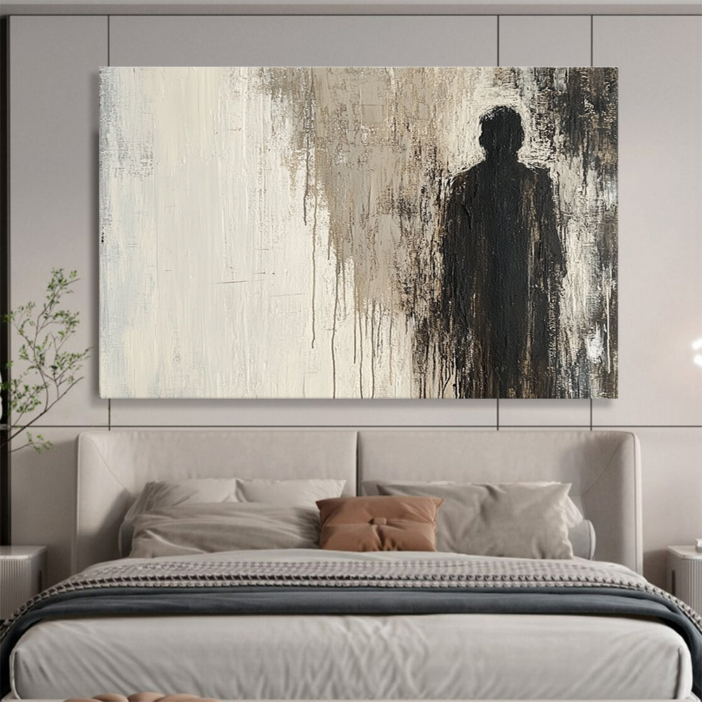 Large abstract grunge painting in neutral tones featuring a mysterious silhouette in a cracked surface evoking curiosity and unease.SC051