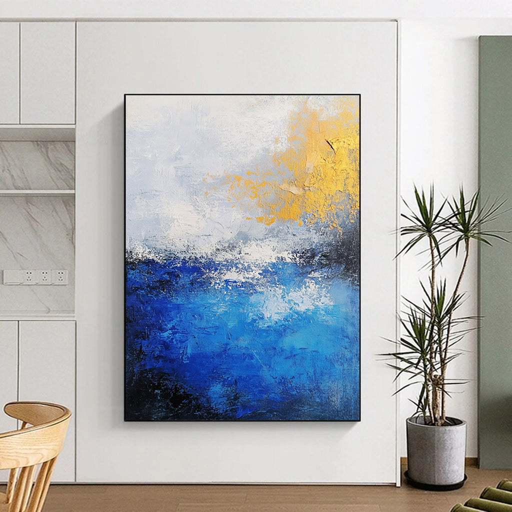 Gold - Accented Blue and White Abstract Painting GER310
