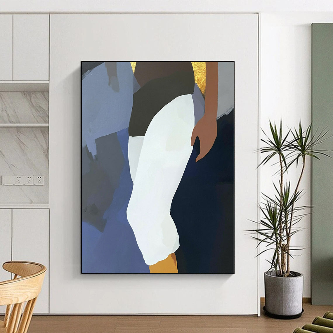 Large abstract painting featuring a fluid design with a dark blue background elegant Devanagari lettering and an anime character in white pants and black socks.STSC936