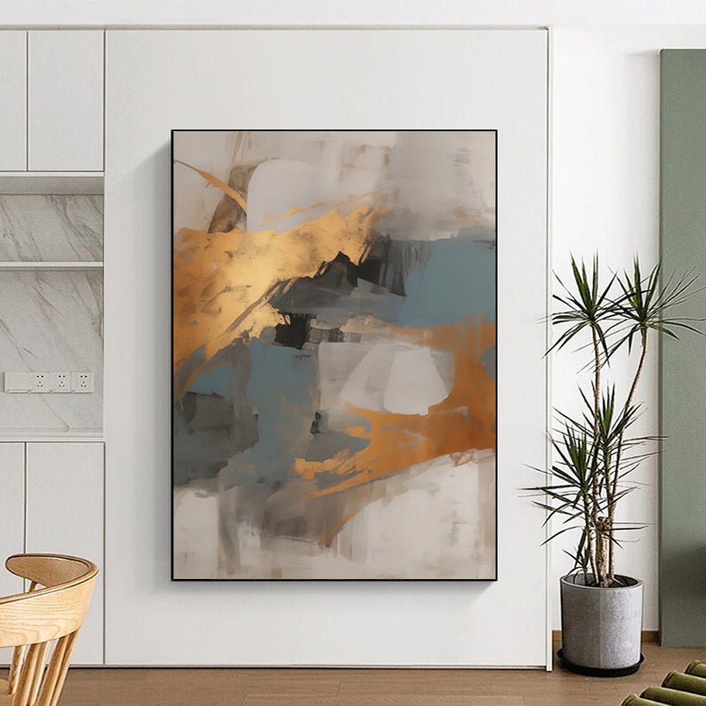Gold, Blue, and Gray Abstract Painting with Dynamic Shapes ADGE136