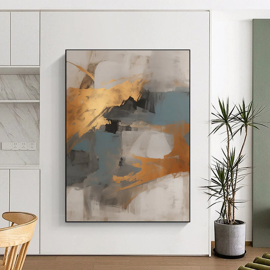 Gold, Blue, and Gray Abstract Painting with Dynamic Shapes ADGE136