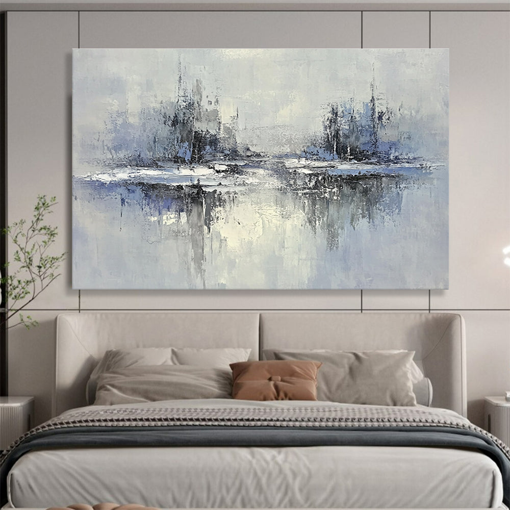 Blue and Gray Cityscape Reflection Abstract Painting with Subtle Textures DYP334